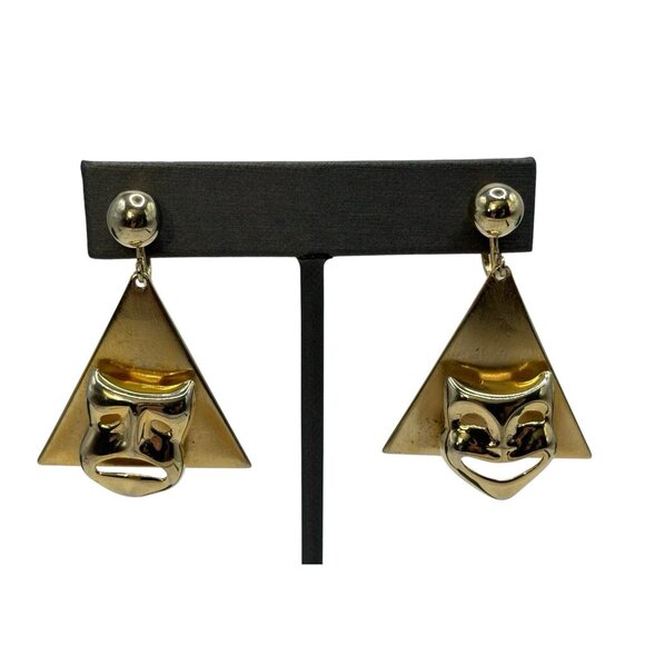 Alice Vintage Earrings Comedy & Tragedy Drama Theatre Masks Gold Tone Screw Back - Picture 5 of 16